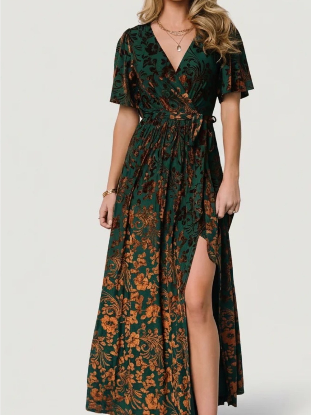 Baltic Born Green and Copper Floral Wrap Maxi Dress with Side Slit